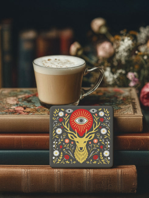 Square ceramic coaster, 4x4 inches, with cork backing. Charcoal tile showcases a golden stag head with antlers, surrounded by florals and an all-seeing eye in red and gold. Smooth printed surface; bold folk-art style. Witchy occult deer coaster for dark academia décor, bar cart, or living room. Square ceramic drink coaster with cork base, stag and eye design.